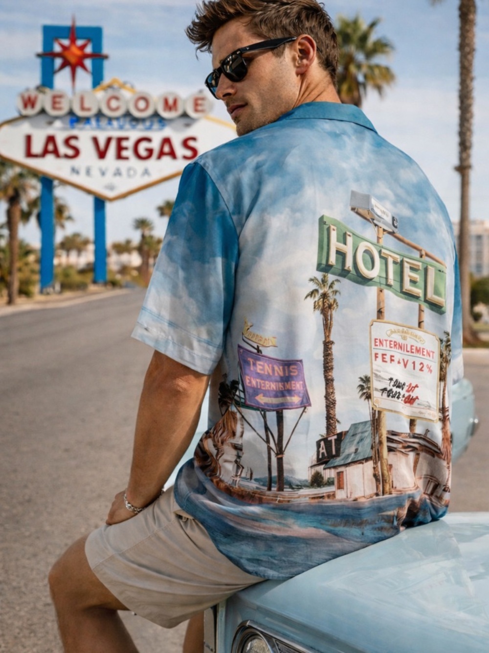 Zara XL Resort Graphic Button-Up Shirt Palm Tree Las Vegas Motel Print Viscose